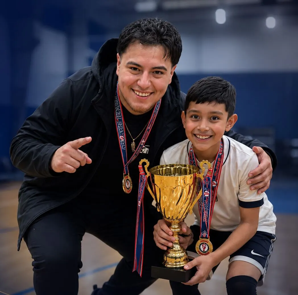 Coach Alex Mendez with a young player holding a championship trophy